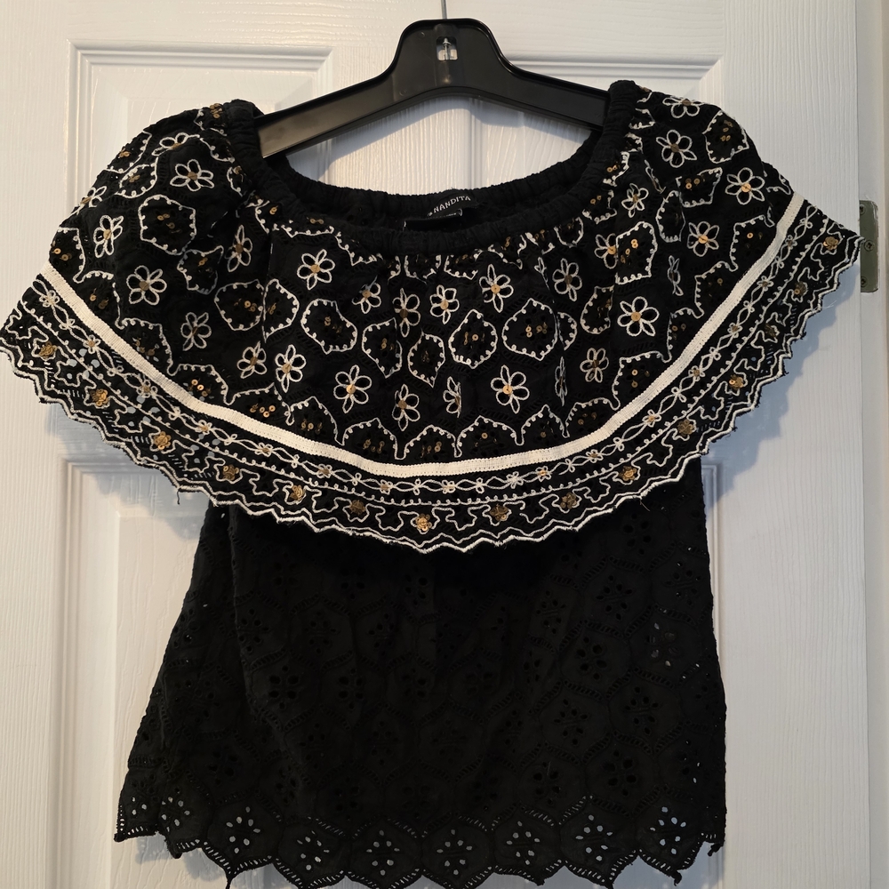 HEMANT & NANDITA Black Blouse with White and Gold Embroidery